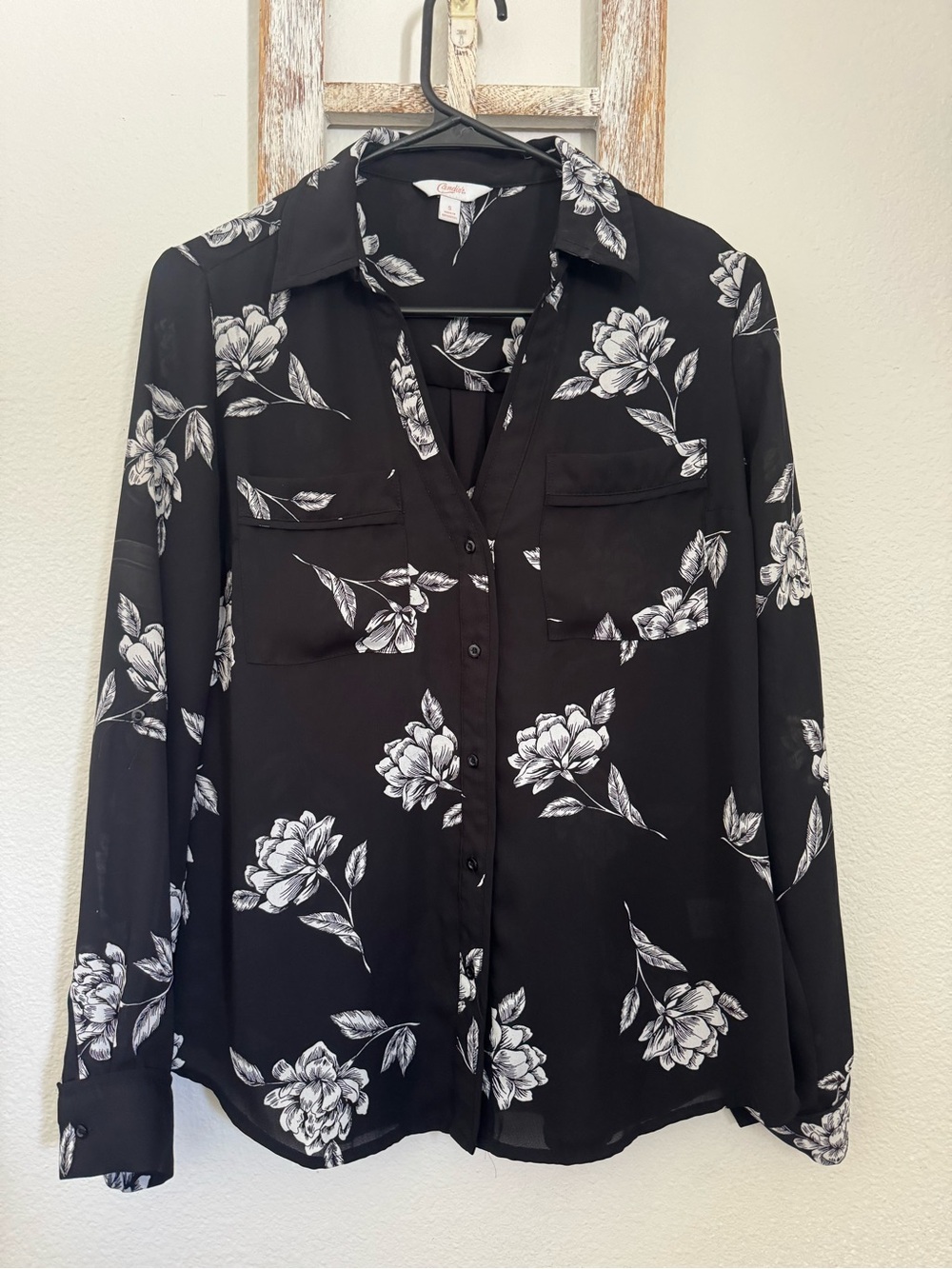 Candie's Black Button-Down Blouse with White Floral Print